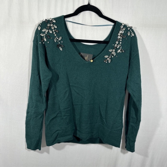 NWT‎ CHARTER CLUB [ Small ] 100% Cashmere Embellished Two-Way Sweater Green - Picture 7 of 15